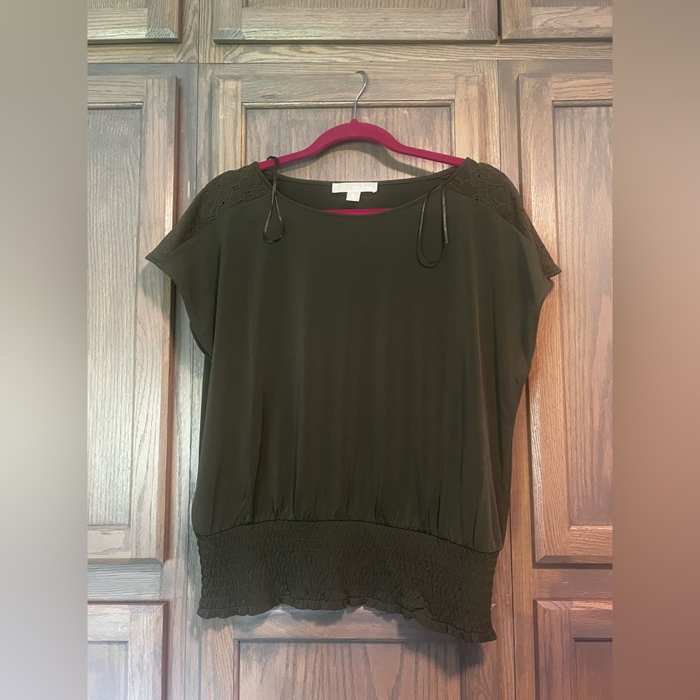 Michael Kors Olive Green Blouse with Lace Accents